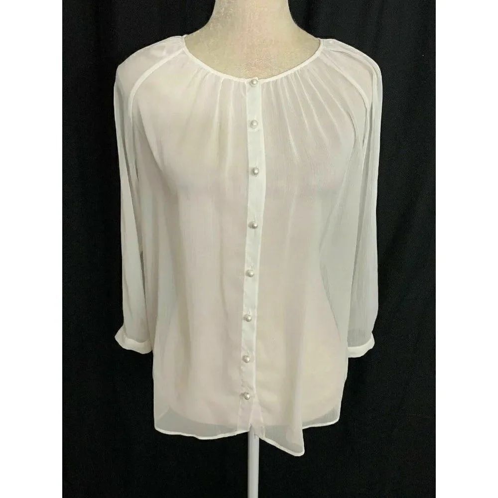 Zara Womens Solid White Sheer Long Sleeve Button Down Top Blouse Xs